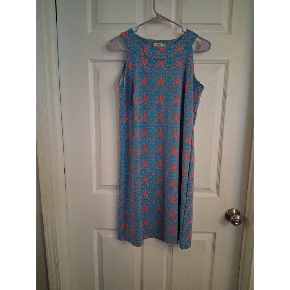 Katherine Way Sleeveless Blue Dress Small Stretch Coral Star Print
